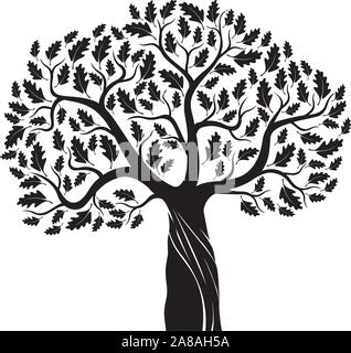 Black Isolated Oak Tree on white background. Vector Illustration and logo concept. Plant in garden. Stock Vector