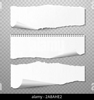 Horizontal Torned Papers Vector Set. Realistic 3d render Blank Pieces of Paper with Ragged Edges, White Pages with Copy Space Isolated on Transparent Background and Realistic Shadow Stock Vector