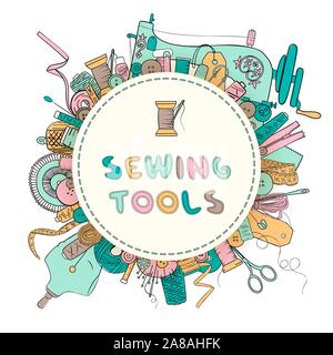 Color set of objects for sewing, handicraft. Round badge with text. Sewing tools kit and equipment Stock Vector