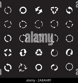 Set of white vector arrows on black background for web. Outline Refresh and Reload arrows. COLLECTION OF ICONS. Stock Vector