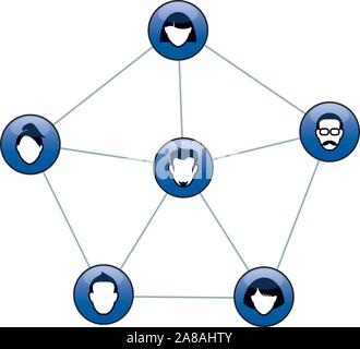 Set of blue buttons for web. Human heads and silhuettes. Interpersonal ralations and communication. Vector outline Illustration and icons. Stock Vector