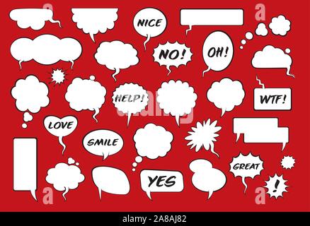 Set of comic speech bubbles with shadow on red background. Vector Illustration and graphic elements. Stock Vector