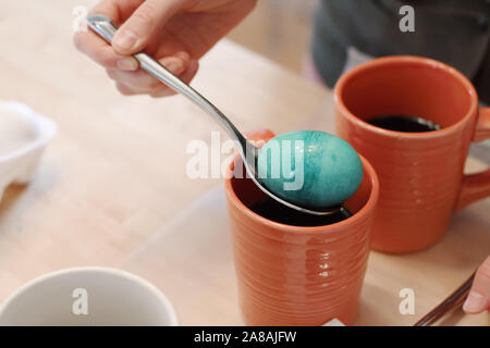 Dyeing an egg teal blue in a coffee mug for Easter Stock Photo