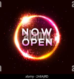 Now Open neon light sign on red circle background. Stock Vector