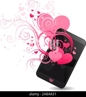 Love feeling smartphone, with beautiful pink hearts in different sizes pattern vector illustration. Stock Vector