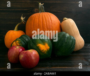 Rustic grouping of apples, acorn squash, butternut squash, and pumpkins on a dark wood background Stock Photo