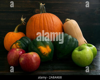 Rustic grouping of apples, acorn squash, butternut squash, and pumpkins on a dark wood background Stock Photo