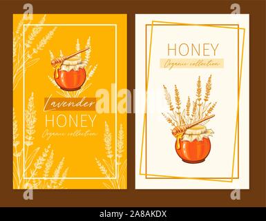 Honey vintage banners design. Engraved Lavender honey flower with glass honey jar and drop. Hand drawn orange logo templates set. Sketch printable poster for branding or layout design Stock Vector