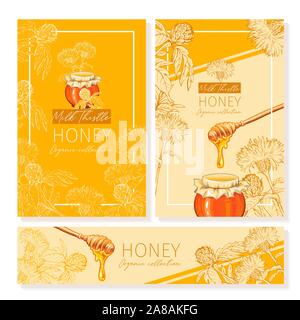 Honey vintage banners design. Engraved Milk Thistle honey flower with glass honey jar and drop. Hand drawn orange logo templates set. Sketch printable poster for branding or layout design Stock Vector