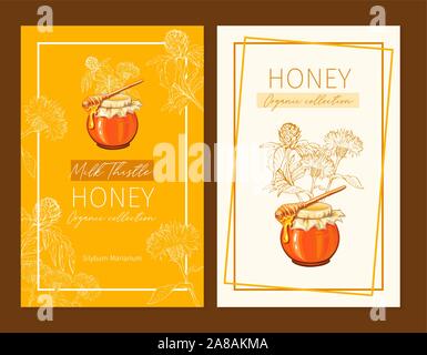 Honey vintage banners design. Engraved Milk Thistle honey flower with glass honey jar and drop. Hand drawn orange logo templates set. Sketch printable poster for branding or layout design Stock Vector