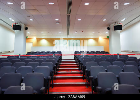 LONDON, UK - OCT 5TH 2019: The Seating area of he Press Room on display to the public at the Arsenal Emirates Stadium Tour.