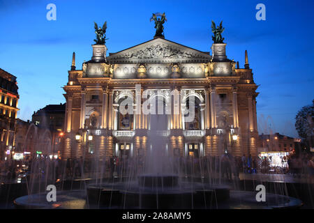 Opera house in the evening, Svobody Prospekt, Lviv, Ukraine Stock Photo