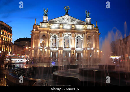 Opera house in the evening, Svobody Prospekt, Lviv, Ukraine Stock Photo