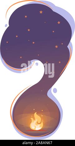 Bonfire night stars in flat style on liquid background. Adventure travel design template on white backdrop. Dark camping with starry sky Flat Vector vertical banner concept. Copy space illustration. Stock Vector