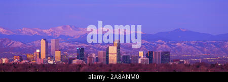 View of city and mountains behind, Denver, Colorado, USA Stock Photo