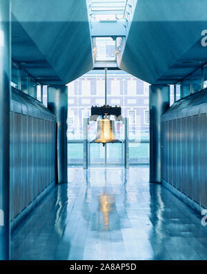 Liberty bell hanging in a corridor, Independence Hall, Philadelphia, Pennsylvania, USA Stock Photo