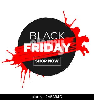 Black Friday Sale Vector Banner with Ink Brush Paint Circle and Black Splashes Isolated on White Background. Label Shop Design with Shop Now Outline Button Stock Vector