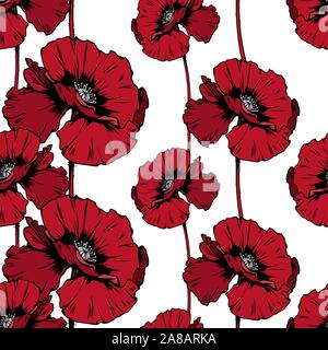 Poppies blossom hand drawn seamless pattern. Floral ink pen color texture. Wild flowers color illustration. Field wildflower vintage freehand drawing. Wallpaper, wrapping paper, textile design Stock Vector