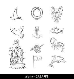 Ocean themed hand drawn illustrations set. Sea fauna and sailing attributes thin line symbols pack. Dolphin, lobster and bird. Marine animals and objects monochrome drawings. Ship, lifebuoy and anchor Stock Vector