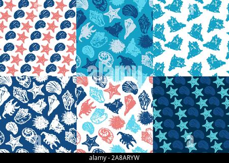 Seashells and starfish vector seamless patterns collection. Marine life creatures drawings. Sea urchin freehand outline. Underwater animals engraving. Wallpaper, wrapping paper, textile design Stock Vector