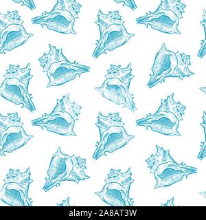 Seashell hand drawn seamless vector pattern. Mollusk, shellfish, conch decorative engraving. Exotic marine monochrome sketch background. Seashore snail shell. Wrapping paper, wallpaper design Stock Vector