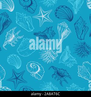 Seashells, scallops vector seamless pattern. Marine life animals colorful drawings on blue background. Sea urchin freehand engraving. Underwater creatures outline. Wallpaper, textile design Stock Vector