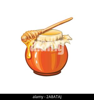 Natural honey pot hand drawn vector illustration. Beeswax jug and dipper with mead drippings. Beekeeping, apiary cartoon symbol. Delicious dessert ingredient, tasty organic food, healthy product Stock Vector