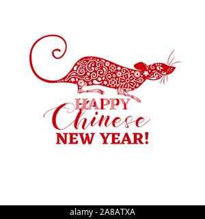 Chinese New Year Rat Symbol. Vector Animal Zodiac Sign with Sakura and Chinese Coins Patterned Fill. Isolated Design for Cutting Files or Paper Cut. Gift Banner or Poster, Engraved Oriental Postcard Stock Vector