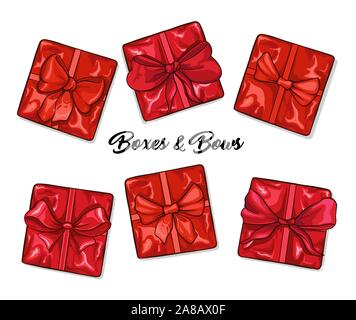 Bows and gift boxes hand drawn illustrations set. Red presents decorated with bowknots top view isolated on white background. Gift shop, souvenirs store, shopping mall banner design element Stock Vector