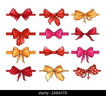 Bow for hair decor flat vector illustrations set. Red, pink, yellow ribbons isolated on white background. Polka dot bowknot, trendy girls accessories. Cute vintage hairstyle elements collection Stock Vector
