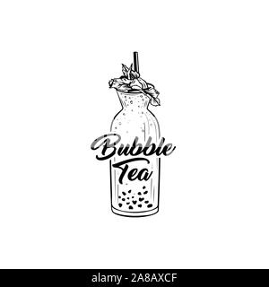 Boba tea hand drawn vector illustration. Delicious summer refreshment, taiwan herbal drink ink pen freehand drawing with lettering. Fresh beverage with mint leaves, tapioca pearls and straw Stock Vector