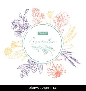 Herbal cosmetics hand drawn vector sticker. Round frame with color wild plants and lettering on white background. Skin care product with bio ingredients label, badge design. Floral border with text Stock Vector