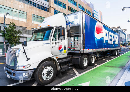 Nov 2, 2019 San Francisco / CA / USA - Pepsi truck making deliveries in the Mission Bay District; PepsiCo, Inc. is an American multinational food, sna Stock Photo