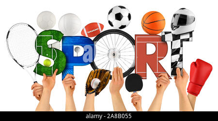 Athlete people holding up colorful letter with word Sport decorated with sports goods cycling wheel ball motorsport helmet swimming pool isolated on w Stock Photo
