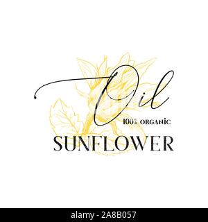 100 percent natural sunflower oil vector logotype template. Yellow flower blossom sketch with ink calligraphy isolated on white background. Organic cooking oil package label, logo design Stock Vector