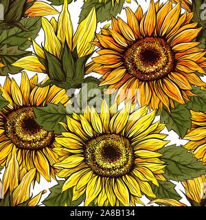 Sunflowers field seamless vector pattern for fabric textile design. Flat colors, easy to print. Yellow and Orange wildflowers with seeds for honey and Thanksgiving backgrounds design. Stock Vector