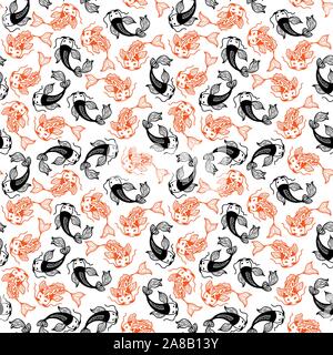 Japanese Carp Koi Seamless Vector Pattern. Asian Traditional Outline Fishes. Decorative Texture for Scrapbook Paper. Cover Design for Sushi Restaurant Menu Stock Vector