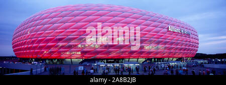 Soccer Stadium Lit Up At Dusk, Allianz Arena, Munich, Germany Stock Photo