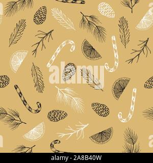 Christmas Seamless pattern with Pine Branches, winter plants hand drawn art design vector illustration. Stock Vector