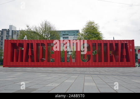 CHRISTCHURCH, NEW ZEALAND, OCTOBER 12, 2019: Cut-out shipping containers declare Made in China in  Christchurch city Stock Photo