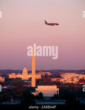 High angle view of the Lincoln Memorial, Washington Monument, and US Capitol Building at sunset, Washington DC, USA Stock Photo