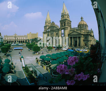 Traffic in front of a cathedral, Liberation Plaza, Guadalajara, Jalisco, Mexico Stock Photo