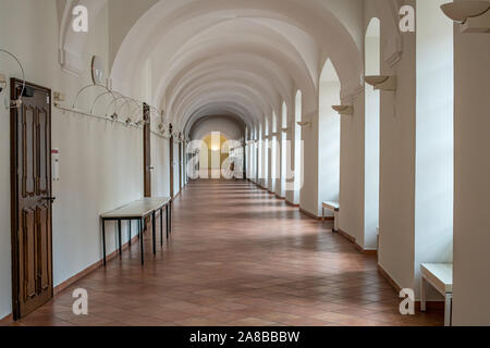 white hallway with many doors and lights in public buildings University Stock Photo