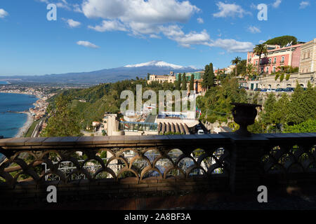 Taormina and Mt. Etna volcano in the background - Sicily. Stock Photo