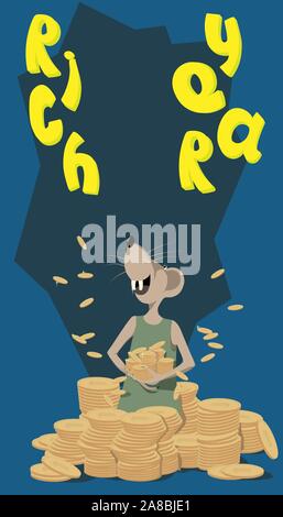 Rat symbol of the new year 2020 collects falling money. Joy and happiness on the face of the mouse. Mountains of gold coins. Vector illustration Stock Vector