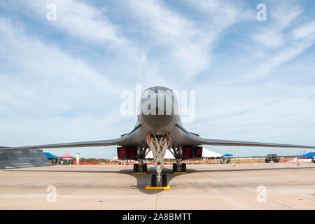 A United States Air Force B-1 Lancer sits on static display at the Star Spangled Salute Air & Space Show at Tinker Air Force Base.