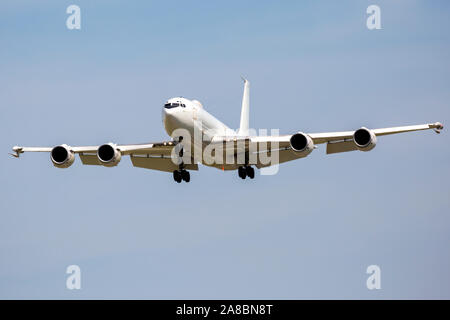 A U.S. Navy E-6 Mercury performs a flyby at the Star Spangled Salute Air & Space Show at Tinker Air Force Base. Stock Photo