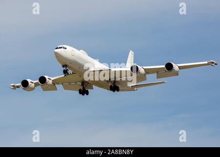 A U.S. Navy E-6 Mercury performs a flyby at the Star Spangled Salute Air & Space Show at Tinker Air Force Base. Stock Photo