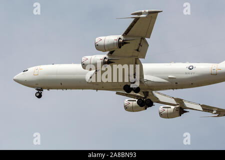 A U.S. Navy E-6 Mercury performs a flyby at the Star Spangled Salute Air & Space Show at Tinker Air Force Base. Stock Photo