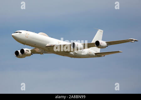 A U.S. Navy E-6 Mercury performs a flyby at the Star Spangled Salute Air & Space Show at Tinker Air Force Base. Stock Photo